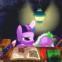 Size: 1260x1260 | Tagged: safe, artist:hoyeechun, derpibooru import, spike, twilight sparkle, dragon, pony, blanket, book, cute, duo, firefly lamp, lidded eyes, mama twilight, sleeping, spikabetes, twiabetes