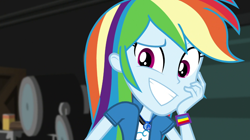 Size: 1280x718 | Tagged: safe, derpibooru import, screencap, rainbow dash, equestria girls, movie magic, spoiler:eqg specials, geode of super speed, magical geodes, smiling, solo