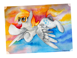 Size: 1489x1125 | Tagged: safe, artist:black-namer, derpy hooves, pegasus, pony, female, flying, mare, photo, solo, watercolor painting