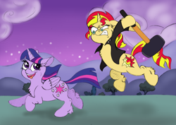 Size: 4961x3508 | Tagged: safe, artist:fuzzbird, sunset shimmer, twilight sparkle, twilight sparkle (alicorn), alicorn, pony, bipedal, clothes, female, fluffy, hammer, mallet, mare