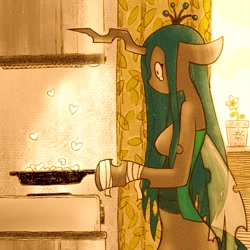 Size: 1929x1929 | Tagged: safe, artist:sigpi, queen chrysalis, anthro, changeling, changeling queen, arm hooves, bandage, breasts, cooking, crying, curtains, female, flower, frying pan, heart, solo