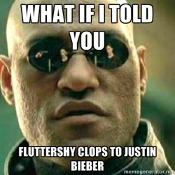 Size: 400x400 | Tagged: safe, fluttershy, background pony strikes again, barely pony related, justin bieber, meme, morpheus, photo, text, wat