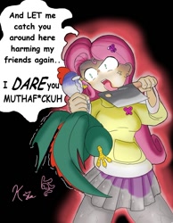 Size: 679x875 | Tagged: safe, artist:kei-waza, fluttershy, cockatrice, angry, barrette, blade lick, cleaver, clothes, dialogue, ear piercing, earring, humanized, insanity, jewelry, looking at each other, petrification, piercing, psycho, scene interpretation, skirt, sweater, sweatershy, the stare, vulgar