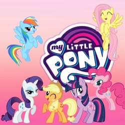 Size: 1773x1773 | Tagged: safe, derpibooru import, applejack, fluttershy, pinkie pie, rainbow dash, rarity, twilight sparkle, earth pony, pegasus, pony, unicorn, mane six, my little pony logo, pink background, simple background, stock vector