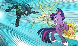 Size: 2414x1424 | Tagged: safe, artist:yewdee, queen chrysalis, twilight sparkle, twilight sparkle (alicorn), alicorn, changeling, changeling queen, crying, duo, fight, fireball, i can't believe it's not idw, magic, snorting