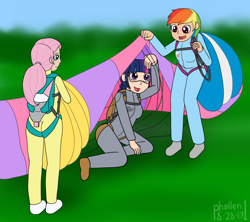 Size: 1500x1329 | Tagged: safe, artist:phallen1, derpibooru import, fluttershy, rainbow dash, twilight sparkle, human, air ponyville, alternate hairstyle, atg 2017, clothes, female, goggles, humanized, jumpsuit, newbie artist training grounds, parachute