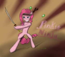 Size: 1280x1127 | Tagged: safe, artist:rsonic, pinkie pie, earth pony, pony, crossover, fruit ninja, sword