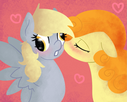 Size: 963x770 | Tagged: safe, artist:robynne, carrot top, derpy hooves, ditzy doo, golden harvest, blushing, derpytop, kissing, shipping