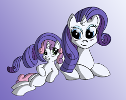 Size: 3036x2411 | Tagged: safe, artist:malamol, rarity, sweetie belle, pony, unicorn, duo, duo female, female, filly, mare, siblings, sisters, white coat