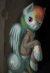 Size: 1366x1974 | Tagged: safe, artist:cluvry, derpibooru import, rainbow dash, pegasus, pony, backwards cutie mark, bandage, clothes, female, mare, solo