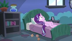 Size: 1920x1080 | Tagged: safe, screencap, starlight glimmer, pony, every little thing she does, bed, hourglass, plant, solo, starlight bedridden, starlight's room, thousand yard stare, window