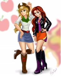 Size: 1628x2074 | Tagged: safe, artist:aspirantedeartista, applejack, sunset shimmer, equestria girls, appleshimmer, boots, clothes, denim skirt, female, high heel boots, high heels, humanized, lesbian, light skin, shipping, skirt