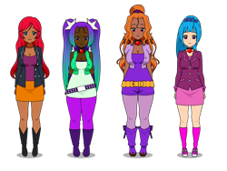 Size: 800x600 | Tagged: artist needed, source needed, safe, adagio dazzle, aria blaze, sonata dusk, sunset shimmer, human, boots, clothes, converse, dark skin, female, humanized, kisekae, line-up, shoes, skirt, socks, the dazzlings