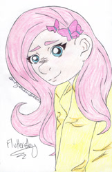 Size: 1024x1580 | Tagged: safe, artist:vivifox495, fluttershy, human, clothes, female, humanized, pink hair