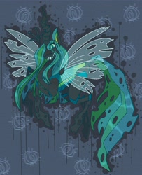 Size: 1111x1365 | Tagged: safe, artist:aftermath-bee, queen chrysalis, changeling, changeling queen, abstract background, evil grin, fangs, female, grin, mare, smiling, solo, spread wings, wings