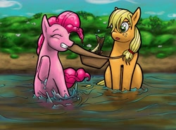 Size: 1329x980 | Tagged: safe, artist:man-eating-llama, applejack, pinkie pie, earth pony, pony, fishing, wet mane