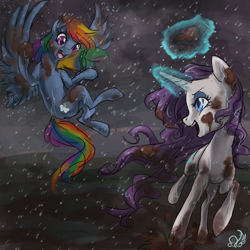 Size: 1000x1000 | Tagged: safe, artist:candasaurus, derpibooru import, rainbow dash, rarity, pegasus, pony, unicorn, dirty, glowing horn, magic, mud, playing, rain, raridash, shipping, telekinesis