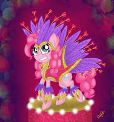 Size: 1694x1815 | Tagged: safe, artist:dalilastar, pinkie pie, earth pony, pony, carnaval, carnival, clothes, costume, dress, feather, heart, outfit, smiling