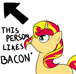 Size: 1167x1141 | Tagged: safe, artist:rivibaes, sunset shimmer, pony, unicorn, :p, bacon, female, juxtaposition bait, looking up, mare, simple background, solo, tongue out, white background