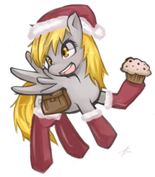 Size: 685x785 | Tagged: safe, artist:hua, derpy hooves, pegasus, pony, christmas, clothes, female, hat, mailbag, mare, muffin, santa hat, socks, solo