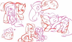 Size: 3600x2100 | Tagged: safe, artist:tprinces, big macintosh, fluttershy, earth pony, pegasus, pony, bandage, chibi, chubbie, cuddling, fluttermac, heart, kissing, limited palette, male, shipping, sketch, sleeping, stallion, straight, straw in mouth