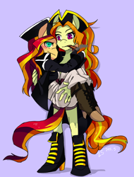 Size: 616x809 | Tagged: safe, artist:hisshi shoujo, adagio dazzle, sunset shimmer, anthro, blushing, carrying, cigar, female, lesbian, pirate, pirate sunset, pixiv, shimmer me timbers, shipping, smoking, sunsagio