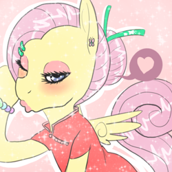 Size: 500x500 | Tagged: safe, fluttershy, pegasus, pony, ask desushy, cheongsam, chopsticks in hair, clothes, desushy, duckface, uncanny valley