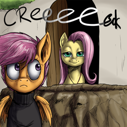 Size: 700x700 | Tagged: safe, artist:aphexangel, fluttershy, scootaloo, pegasus, pony, flutterhigh, stalkerloo, xanaxshy