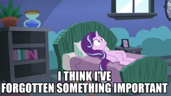 Size: 1920x1080 | Tagged: safe, edit, edited screencap, screencap, starlight glimmer, pony, unicorn, every little thing she does, bed, caption, hourglass, image macro, meme, plant, solo, starlight bedridden, starlight's room, thousand yard stare, window