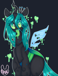 Size: 2271x2959 | Tagged: safe, artist:bunxl, queen chrysalis, changeling, changeling queen, dark background, heart, heart eyes, looking at you, solo, tongue out, wingding eyes