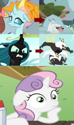 Size: 672x1134 | Tagged: safe, edit, edited screencap, screencap, ocellus, queen chrysalis, sandbar, smolder, sweetie belle, yona, bugbear, changedling, changeling, changeling queen, ponyville confidential, school daze, slice of life (episode), bugbear ocellus, disguise, disguised changeling, exploitable meme, female, image macro, meme, obligatory pony, sudden clarity sweetie belle, what if