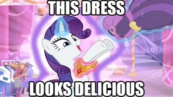 Size: 480x270 | Tagged: safe, rarity, pony, unicorn, magical mystery cure, clothes, dress, element of generosity, image macro