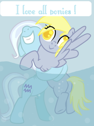 Size: 500x668 | Tagged: safe, derpy hooves, oc, oc:aquarius, earth pony, pegasus, pony, aquarius, blue background, duo, female, hug, mare, ponyscopes, simple background, squeezing, water, zodiac