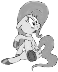 Size: 900x1114 | Tagged: safe, artist:colossalstinker, fluttershy, pegasus, pony, floppy ears, folded wings, looking away, monochrome, oldschool cartoon, open mouth, raised hoof, simple background, sitting, solo, white background, wide eyes