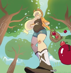 Size: 1280x1299 | Tagged: safe, artist:glasmond, applejack, apple, applebucking thighs, bandaid, basket, humanized, low angle, orchard, perspective, preggo jack, pregnant, solo, spurs, working