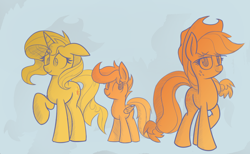 Size: 1280x788 | Tagged: safe, artist:heir-of-rick, applejack, scootaloo, sunset shimmer, earth pony, pegasus, pony, unicorn, daily apple pony, floppy ears, limited palette, raised hoof, simple background