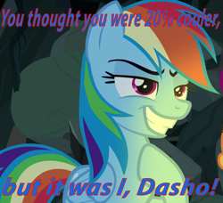 Size: 787x718 | Tagged: safe, artist:alphamonouryuuken, derpibooru import, edit, edited screencap, screencap, rainbow dash, pegasus, pony, campfire tales, cropped, dio brando, female, it was me, jojo's bizarre adventure, mare, meme, rainbow dash is best facemaker, smiling, solo