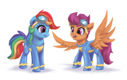 Size: 1500x947 | Tagged: safe, artist:egn, derpibooru import, rainbow dash, scootaloo, pegasus, pony, atg 2017, clothes, duo, equestria daily exclusive, goggles, newbie artist training grounds, scootaloo can fly, scootalove, simple background, spread wings, uniform, white background, wings, wonderbolt scootaloo, wonderbolts, wonderbolts uniform