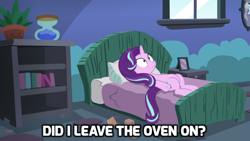 Size: 1024x576 | Tagged: safe, edit, edited screencap, screencap, starlight glimmer, pony, unicorn, every little thing she does, bed, caption, image macro, meme, solo, starlight bedridden, starlight's room