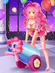 Size: 1200x1600 | Tagged: dead source, safe, artist:e-x-p-i-e, artist:pockicchi, fluttershy, pinkie pie, earth pony, human, pony, :d, balloon, blushing, clothes, confetti, cute, diapinkes, female, happy, human ponidox, humanized, open mouth, party cannon, pointing, pony cannonball, self ponidox, shyabetes, skirt, smiling, streamers, underhoof