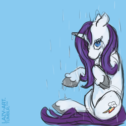 Size: 1500x1500 | Tagged: safe, artist:weepysheep, part of a set, rarity, pony, unicorn, magical mystery cure, blue background, crying, rain, sad, simple background, solo, swapped cutie marks, unshorn fetlocks