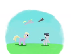 Size: 1636x1252 | Tagged: safe, artist:ponyknight, derpy hooves, rumble, thunderlane, pegasus, pony, female, flying, mare, sunglasses