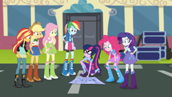 Size: 1280x720 | Tagged: safe, derpibooru import, screencap, applejack, fluttershy, pinkie pie, rainbow dash, rarity, sci-twi, sunset shimmer, twilight sparkle, eqg summertime shorts, equestria girls, get the show on the road, blueprints, clothes, crouching, geode of empathy, geode of fauna, geode of shielding, geode of sugar bombs, geode of super speed, geode of super strength, geode of telekinesis, glasses, magical geodes, parking lot, ponytail