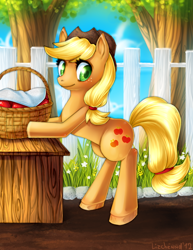 Size: 600x777 | Tagged: safe, artist:lizchennd, applejack, earth pony, pony, apple, basket, female, mare