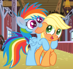 Size: 976x934 | Tagged: safe, artist:meadowdash101, derpibooru import, applejack, rainbow dash, earth pony, pegasus, pony, appledash, biting, ear bite, female, heart eyes, lesbian, shipping, wingding eyes