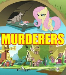 Size: 960x1080 | Tagged: safe, edit, edited screencap, screencap, fluttershy, hondo flanks, fish, pegasus, pony, dragonshy, circle of life, comic, dead, feeding, female, fishing, image macro, implied murder, mare, one word, smiling