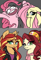 Size: 1211x1745 | Tagged: safe, artist:katputze, cherry jubilee, fluttershy, pinkie pie, sunset shimmer, pegasus, pony, equestria girls outfit