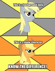 Size: 450x581 | Tagged: safe, applejack, derpy hooves, earth pony, pegasus, pony, caption, female, image macro, mare, meme