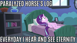 Size: 853x480 | Tagged: safe, edit, edited screencap, screencap, starlight glimmer, pony, unicorn, every little thing she does, bed, bravest warriors, caption, image macro, meme, mind blown, paralyzed horse, solo, starlight bedridden, starlight's room, text, thousand yard stare