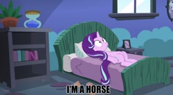 Size: 888x485 | Tagged: safe, edit, edited screencap, screencap, starlight glimmer, pony, unicorn, every little thing she does, captain obvious, existential crisis, image macro, meme, realization, solo, starlight bedridden, starlight's room